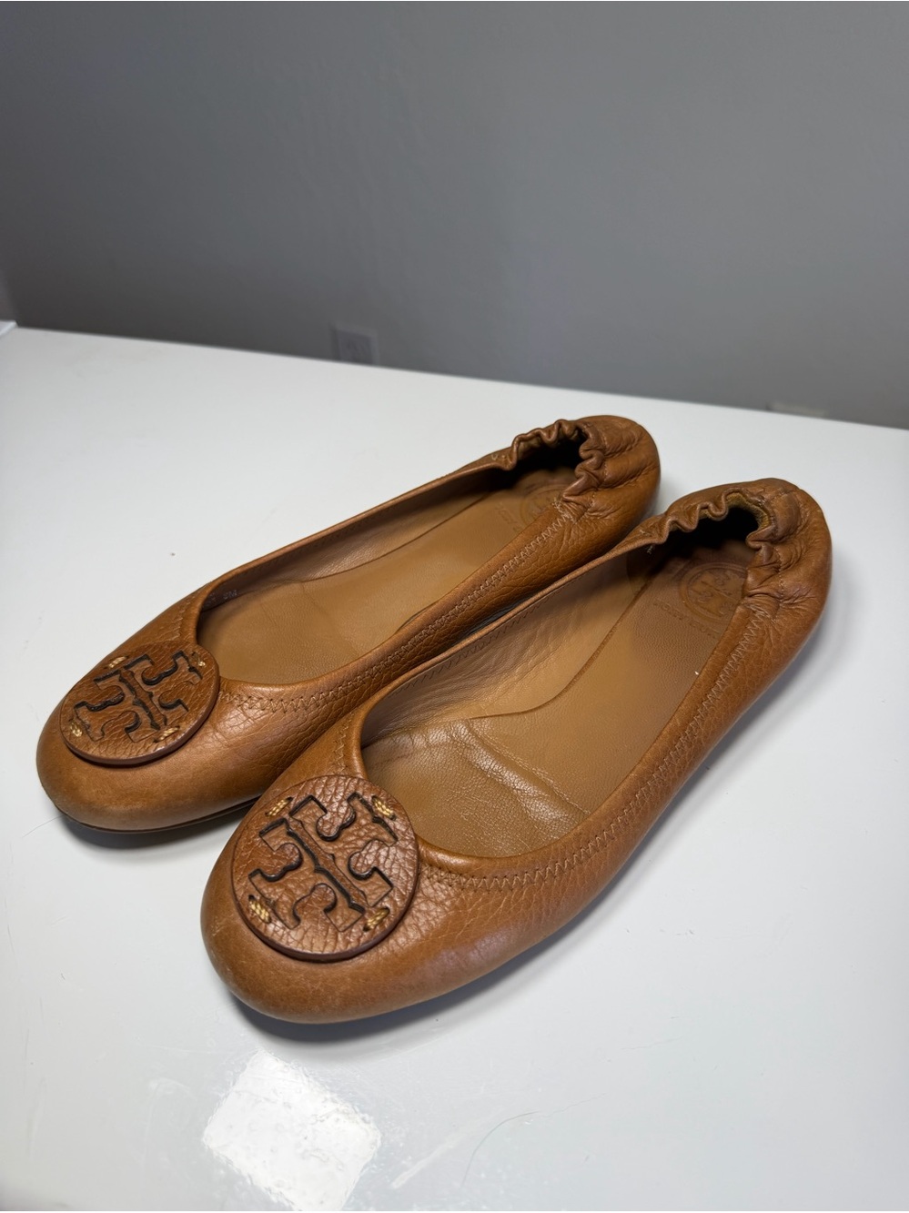 Tory Burch Minnie Travel Ballet Flats Tan Leather 8